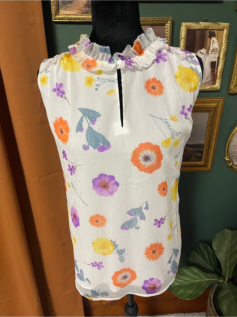 Ann Taylor White Floral Ruffle Neck Sleeveless Camisole